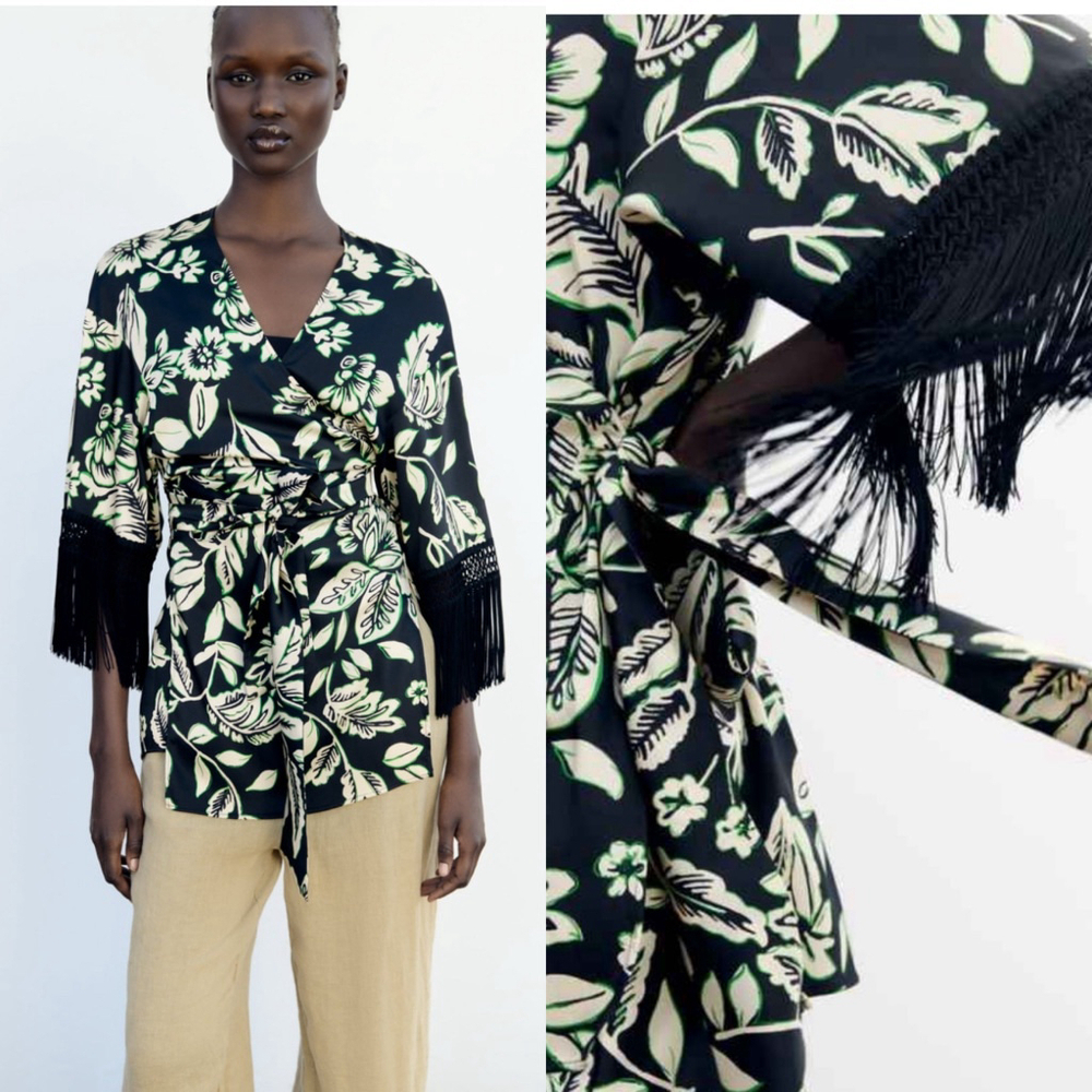Zara Floral Fringe Wrap Top